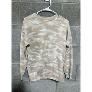 Athleta Camo Pullover Small Cream Tan Sweatshirt Crew Neck Long Sleeve